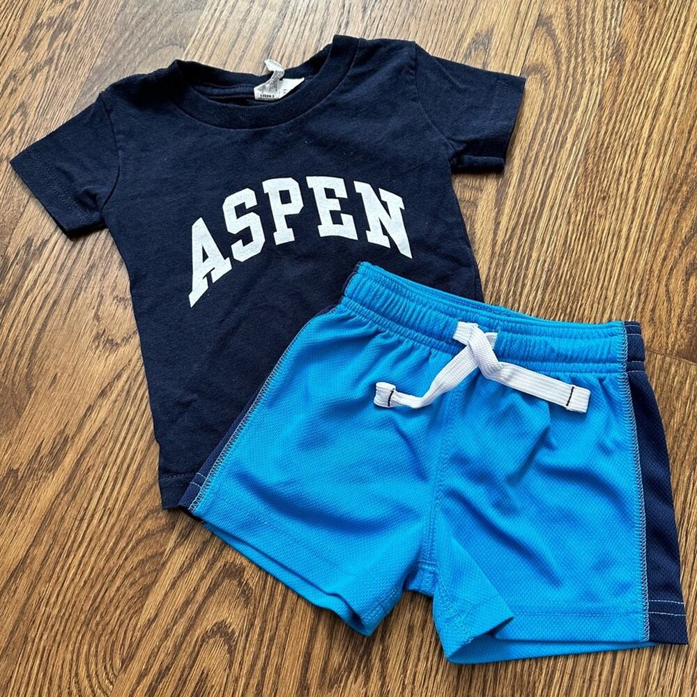Aspen tee and athletic shorts, size 6M
